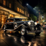 Schwarzer Art-Déco-Oldtimer mit Chromdetails auf nächtlicher Stadtstraße | Black Art Deco vintage car with chrome details on a nocturnal city street