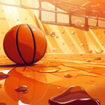 Orangener Basketball auf nassem Hallenboden mit Wassertropfen im warmen Sonnenlicht | Orange basketball on wet gym floor with water droplets in warm sunlight