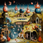 Bosch-inspirierte surreale Landschaft mit nackten Figuren, fantastischen Kugeln und Höhlen | Bosch-inspired surreal landscape with nude figures, fantastical orbs and cave structures