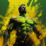 Muskulöser Superheld in Grün-Schwarz, Kopf zurückgeneigt, gelb-grüner Farbspritzer-Hintergrund | Muscular superhero in green-black suit, head tilted back, yellow-green paint splatter background