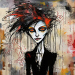 Expressives Gemälde: Figur mit roten Augen, wildem schwarz-rotem Haar, schwarzem Anzug | Expressive painting: figure with red eyes, wild black-red hair, black suit