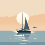 Minimalistisches Segelboot vor großer Sonne auf ruhigem Meer, pastellfarbener Himmel | Minimalist sailboat before large sun on calm sea, pastel-colored sky