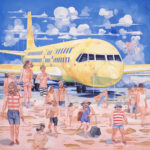 Gemälde: Gelbes Passagierflugzeug am Strand, Badegäste in Sommerkleidung, blauer Himmel | Painting: Yellow passenger plane on beach, bathers in summer clothes, blue sky with clouds