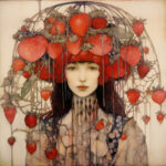 Jugendstil-Illustration: Frau mit üppigem Erdbeer-Kopfschmuck in Metallkäfig | Art Nouveau illustration: woman with lush strawberry headdress inside a metal cage frame