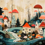 Märchenhafte Illustration: Pilzdorf mit roten Fliegenpilzen, weißen Häusern und Pfad | Whimsical mushroom village with red toadstools, white houses and winding path