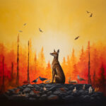 Fuchs sitzt auf Felsen umgeben von Vögeln vor leuchtendem Wald in Orange-Rot | Fox sits on rocks surrounded by birds before glowing forest in orange-red