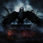 Riesiger schwarzer Rabe mit gespreizten Flügeln vor düsterem Spukhaus, rote Glut | Giant black raven with spread wings before gloomy haunted house, red embers