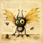 Skurriles schwarzes Insektenwesen mit Glupschaugen und goldenen Flügeln, Manuskriptstil | Quirky black bug creature with bulging eyes and golden wings, manuscript style