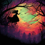 Schwebende Frauensilhouette vor farbenfrohem Mond, Fledermäuse, kahle Äste | Floating female silhouette before colorful moon, bats, bare branches