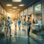 Futuristischer Krankenhausflur mit Roboter und Ärzten in weißen Kitteln | Futuristic hospital corridor with humanoid robot and doctors in white coats