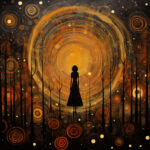 Schwarze Frauensilhouette steht vor leuchtendem Spiralwirbel in goldenem Wald | Black female silhouette stands before glowing golden spiral vortex in mystical forest