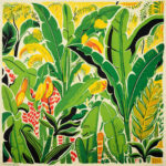 Flachdruckartige Illustration tropischer Bananenstauden mit roten Blüten in Grün-Gelb | Flat print-style illustration of tropical banana plants with red flowers in green and yellow