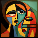 Kubistisches Gemälde zweier Gesichter in Gelb, Türkis, Orange und Rot | Cubist painting of two faces in yellow, teal, orange and red