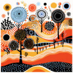 Abstrakte Landschaft mit gepunkteten Bäumen in Orange, Schwarz und Blau, wellige Hügel | Abstract landscape with dotted trees in orange, black and blue, wavy hills