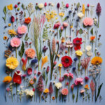 Knolling-Arrangement vielfältiger Wildblumen in Rosa, Rot, Gelb auf hellblauem Grund | Knolling arrangement of diverse wildflowers in pink, red, yellow on light blue background