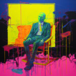 Kahler Mann im Anzug auf Stuhl, neongelber Hintergrund, pinke Farbverläufe | Bald man in suit on chair, neon yellow background, pink dripping paint streaks