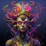 Cyberpunk-Göttin mit Kopfhörern, Neon-Bemalung und chaotischem Tentakel-Kopfschmuck | Cyberpunk goddess with headphones, neon face paint and chaotic tentacle headdress