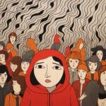 Illustration: Mädchen im roten Hoodie inmitten ausdrucksloser Menschenmenge, Wellenlinien-Hintergrund | Illustration: Girl in red hoodie amid expressionless crowd, wavy line background