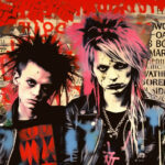 Zwei Punk-Figuren mit Irokesen und pinken Haaren, Lederjacken, Graffiti-Hintergrund | Two punk figures with mohawks and pink hair, leather jackets, graffiti background