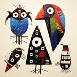 Fünf abstrakte Vögel in geometrischen Formen, bunt bemalt mit ethnischen Mustern | Five abstract birds in geometric shapes, colorfully painted with ethnic patterns