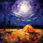 Leuchtendes oranges Zelt unter wirbelndem Sternenhimmel, Van-Gogh-Stil, Ölgemälde | Glowing orange tent under swirling starry night sky, Van Gogh style oil painting