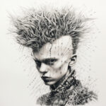 Bleistiftzeichnung: Jugendlicher mit explodierendem Irokesenschnitt, Perlen und Metallteilen | Pencil drawing: youth with exploding mohawk, beads and metal fragments radiating outward