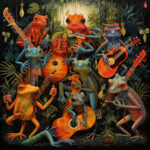 Bunte Froschband spielt Gitarren im Dschungel, surreale digitale Illustration | Colorful frog band playing guitars in jungle, surreal digital illustration