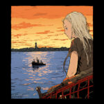 Illustration: Blonde Frau blickt bei Sonnenuntergang aufs Meer, Schiff am Horizont | Illustration: Blonde woman gazes at sea during sunset, ship on the horizon