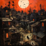 Verfallene Slum-Siedlung unter rotem Himmel mit weißem Mond, Vögeln und einsamer Silhouette | Decaying slum settlement under red sky with white moon, birds, and lone human silhouette