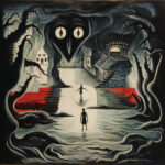 Surreales Gemälde: Zwei Silhouetten vor dämonischen Augen, rotem Wasser, dunkler Landschaft | Surreal painting: two silhouettes facing demonic eyes, red water, dark dreamlike landscape