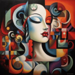 Kubistisches Frauenprofil mit geschlossenen Augen, roten Lippen, geometrischen Formen | Cubist female profile with closed eyes, red lips, geometric and spiral shapes