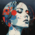 Abstrakte Frauensilhouette mit geometrischen Formen in Rot und Blau, rote Linien | Abstract female silhouette with geometric shapes in red and blue, red lines
