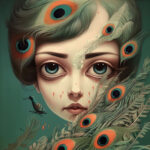 Surreales Portrait: Mädchen mit großen Augen, Pfauenfedern im Haar, Kolibri | Surreal portrait: girl with large eyes, peacock feathers in hair, hummingbird