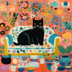 Schwarze Katze auf geblümtem Sofa, umgeben von Blumen und Keramik, lachsfarbener Hintergrund | Black cat on floral sofa surrounded by flowers and ceramics, salmon-colored background