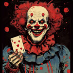 Gruseliger Clown mit rotem Haar hält Pik-Ass-Spielkarte, digitale Illustration | Creepy clown with red hair holding ace of hearts playing card, digital illustration
