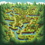 Cartoon-Labyrinth mit Fluss, Burg, Figuren und Wald von oben | Cartoon maze with river, castle, characters and forest from above