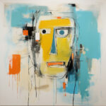 Abstraktes Gesicht in Gelb mit asymmetrischen Augen, Orange und Türkis, expressiv | Abstract yellow face with asymmetric eyes, orange and turquoise accents, expressive style
