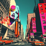 Pop-Art-Collage: Frauengesicht mit pinker Sonnenbrille auf NYC-Häuserwand, orangefarbene Taxis | Pop-art collage: woman's face with pink sunglasses on NYC building wall, orange taxis below