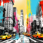 New Yorker Straßenszene im Pop-Art-Stil, gelbe Taxis, bunte Farbspritzer | New York street scene in pop art style, yellow cabs, colorful paint splashes