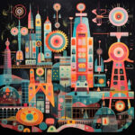 Abstrakte Retro-Futurismus-Stadt mit Zahnrädern, Türmen und Kreisen in Pink und Türkis | Abstract retro-futuristic city with gears, towers and circles in pink and teal