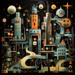 Surrealistische Nachtstadt mit türkisen Türmen, orangen Akzenten und fantastischen Maschinen | Surreal night city with teal towers, orange accents and fantastical machines under starry sky