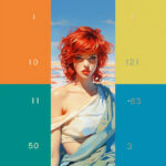 Digitale Illustration: Rotharige Frau in weißem Tuch, umrahmt von Farbfeldern in Orange, Türkis und Gelb | Digital illustration: Red-haired woman in white drape, framed by color blocks in orange, teal and yellow