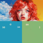 Digitales Portrait: Frau mit rotem Haar, blauen Augen, Farbfelder mit Zahlen | Digital portrait: woman with red hair, blue eyes, color swatches with numbers
