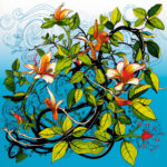 Digitale Illustration: Verschlungene Ranken mit orange-weißen Blüten auf blauem Hintergrund | Digital illustration: Intertwined vines with orange-white blossoms on blue background