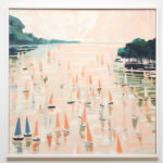 Gemälde: Viele Segelboote mit lachsfarbenen Segeln auf ruhigem Wasser, Pastelltöne | Painting: Many sailboats with salmon-colored sails on calm water, pastel tones
