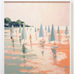 Impressionistisches Gemälde: Segelboote und Figuren auf rosé-schimmerndem Wasser | Impressionist painting: sailboats and figures on rose-shimmering water