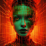 Cyberpunk-Gesicht mit grüner Haut, Schaltkreis-Gitterstruktur, orange glühende Augen | Cyberpunk face with green skin, circuit grid overlay, glowing orange eyes, red background