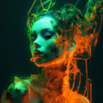 Kybernetische Frauenfigur mit Schaltkreisen in Neongrün und Orange | Cybernetic female figure with circuit elements in neon green and orange