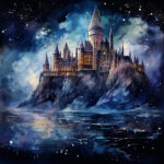 Aquarell: Magisches Schloss auf Felsen bei Nacht, Sternenhimmel, Spiegelung im See | Watercolor: Magic castle on rocks at night, starry sky, reflection in lake