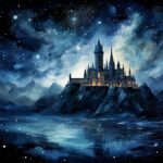 Gotisches Schloss auf Felsen, beleuchtet, spiegelt sich im See unter Sternenhimmel | Gothic castle on rocks, illuminated, reflected in lake under starry night sky